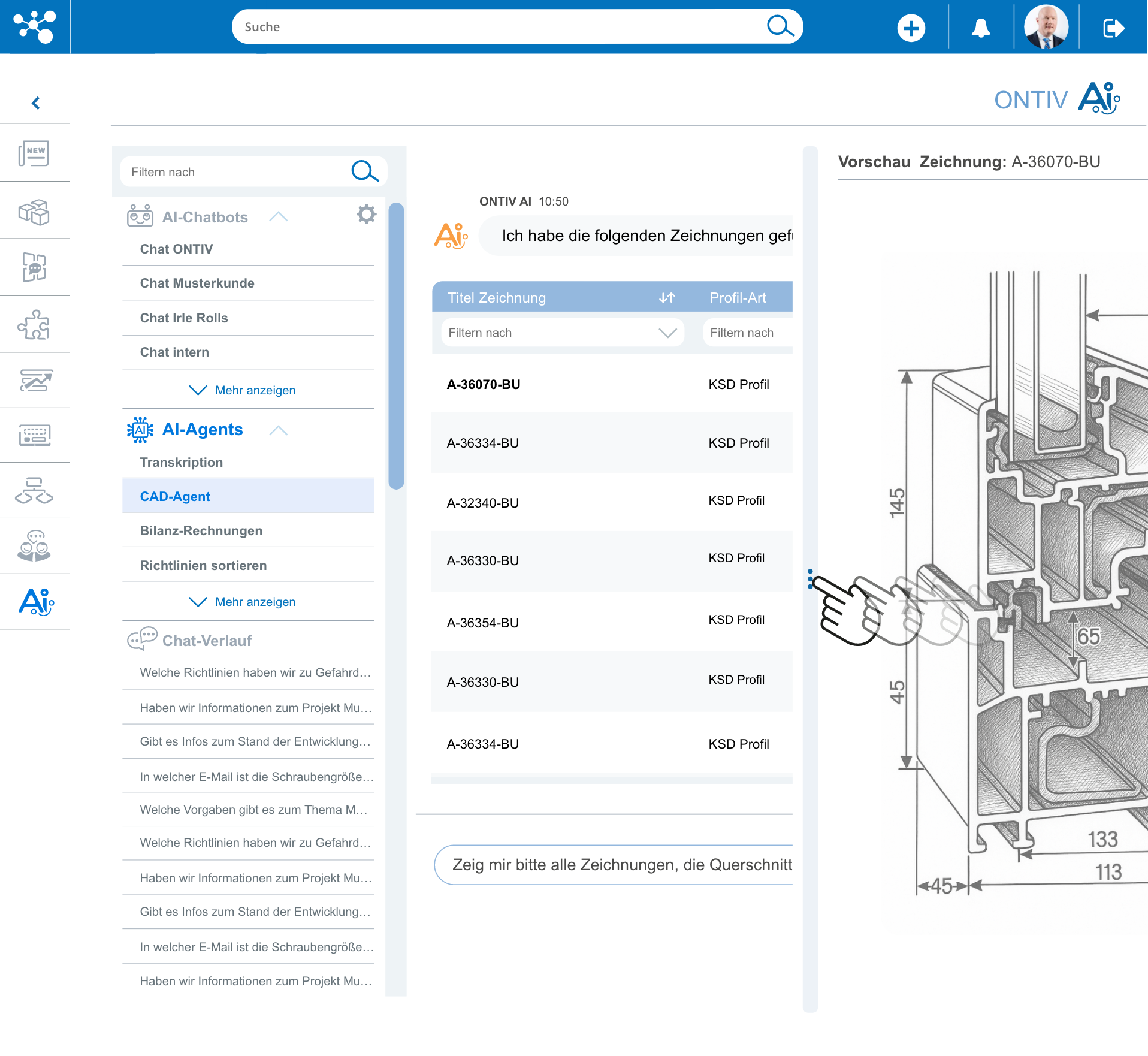 CAD Zeichnungen suchen und finden mit der firmeninternen ONTIV AI